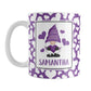 Personalized Cute White Hearts Purple Gnome Mug (11oz) at Amy's Coffee Mugs. A ceramic coffee mug designed with an adorable purple gnome holding a purple heart in a white rectangle on both sides of the mug over a pattern of cute white hearts over a purple background that wraps around the mug to the handle. Your personalized name is custom printed in an all-capital letters purple font below the heart-holding gnome.