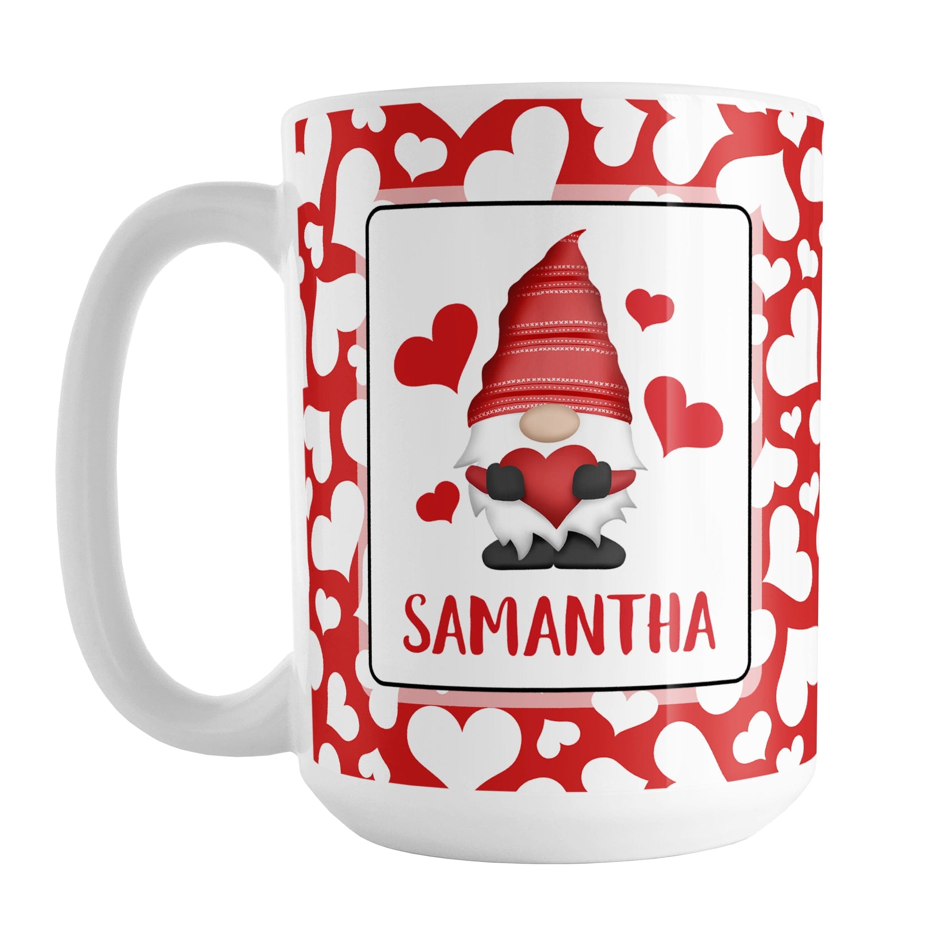 Personalized Cute White Hearts Red Gnome Mug (15oz) at Amy's Coffee Mug. A ceramic coffee mug designed with an adorable red gnome holding a red heart in a white rectangle on both sides of the mug over a pattern of cute white hearts over a red background that wraps around the mug to the handle. Your personalized name is custom printed in an all-capital letters red font below the heart-holding gnome.