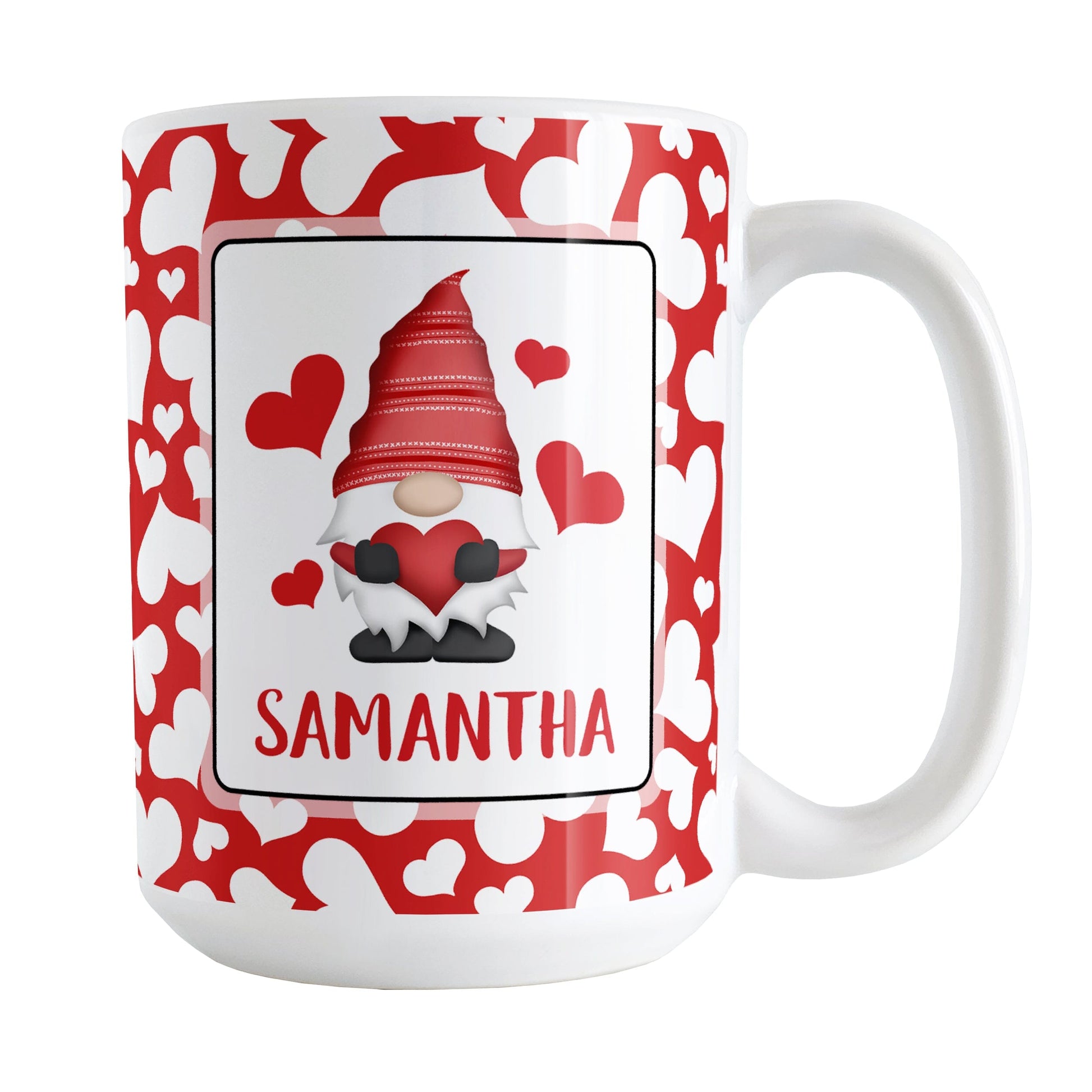 Personalized Cute White Hearts Red Gnome Mug (15oz) at Amy's Coffee Mug. A ceramic coffee mug designed with an adorable red gnome holding a red heart in a white rectangle on both sides of the mug over a pattern of cute white hearts over a red background that wraps around the mug to the handle. Your personalized name is custom printed in an all-capital letters red font below the heart-holding gnome.