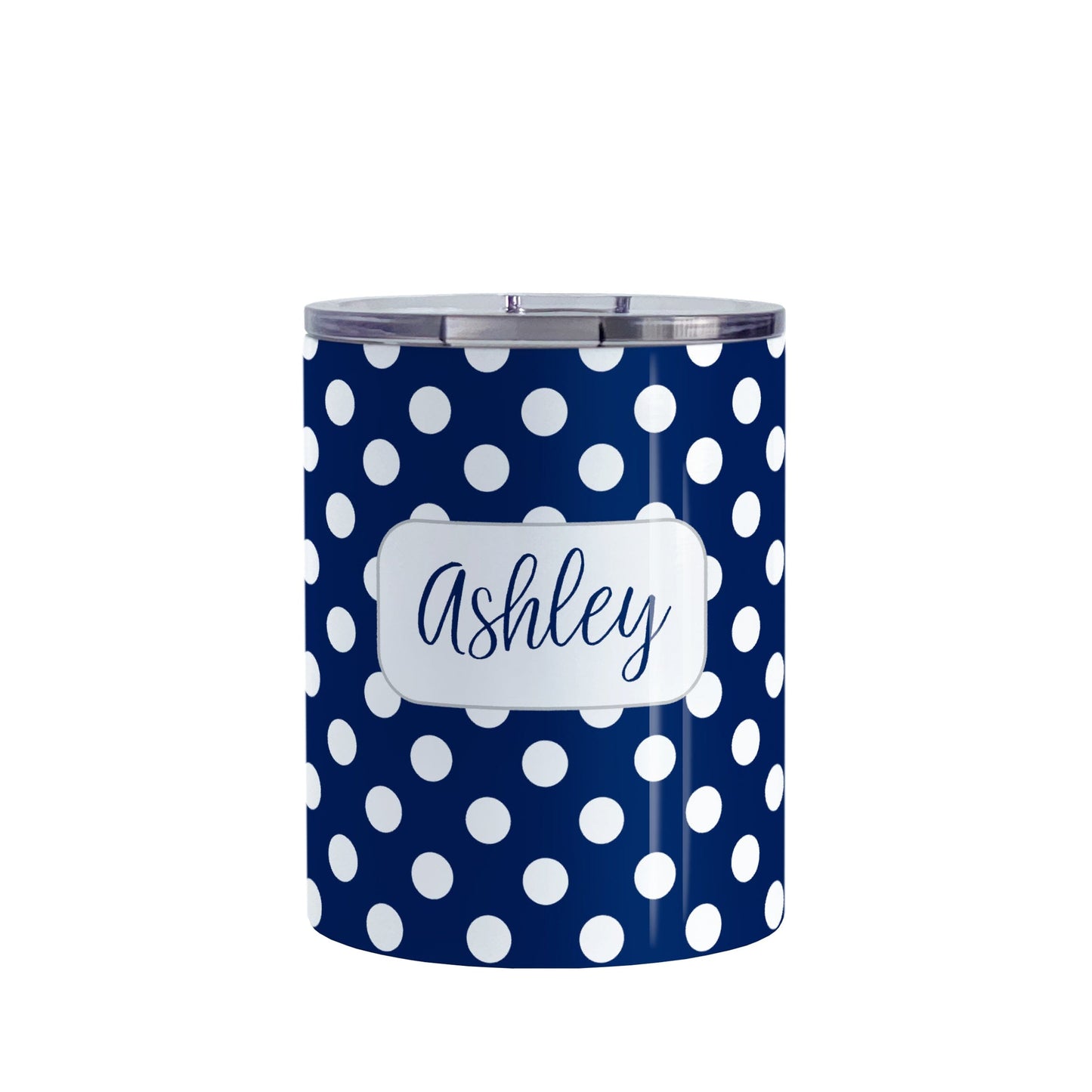 Personalized Dark Blue Polka Dot Tumbler Cup (10oz, stainless steel insulated) at Amy's Coffee Mugs. This cup is designed with a pattern of white polka dots over a dark navy blue background color that wraps around the cup. Your name is personalized in a dark blue script font over the polka dot pattern.