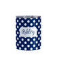 Personalized Dark Blue Polka Dot Tumbler Cup (10oz, stainless steel insulated) at Amy's Coffee Mugs. This cup is designed with a pattern of white polka dots over a dark navy blue background color that wraps around the cup. Your name is personalized in a dark blue script font over the polka dot pattern.