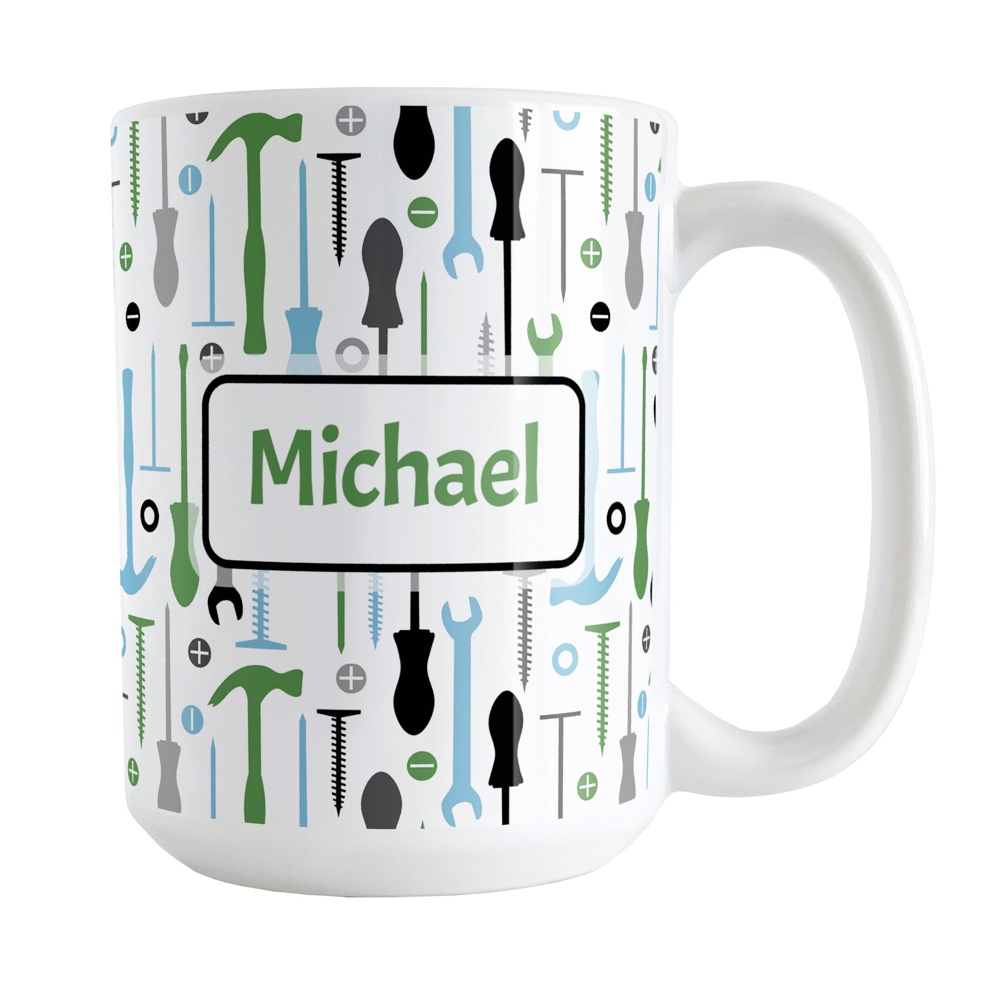 Personalized Green Blue Tools Pattern Mug (15oz) at Amy's Coffee Mugs. A ceramic coffee mug with a modern style pattern of tools in green, blue, black, and gray over white that wraps around the mug to the handle. Perfect for any handyman or contractor.  Your name is printed in a green font on both sides of the mug over the tools pattern. 