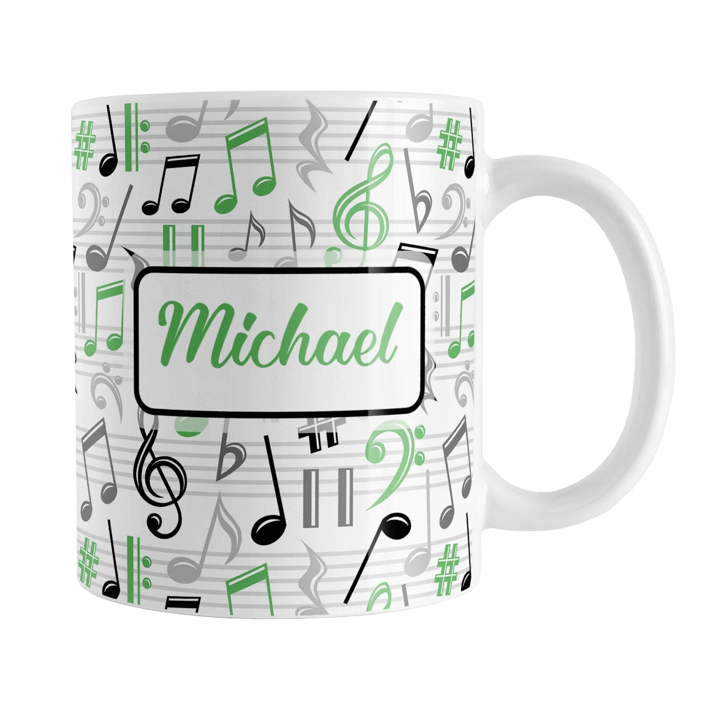 Personalized Green Music Notes Pattern Mug (11oz) at Amy's Coffee Mugs. A ceramic coffee mug designed with music notes and symbols in green, black, and gray in a pattern that wraps around the mug to the handle. Your personalized name is custom printed in a green script font on white over the music pattern design on both sides of the mug.