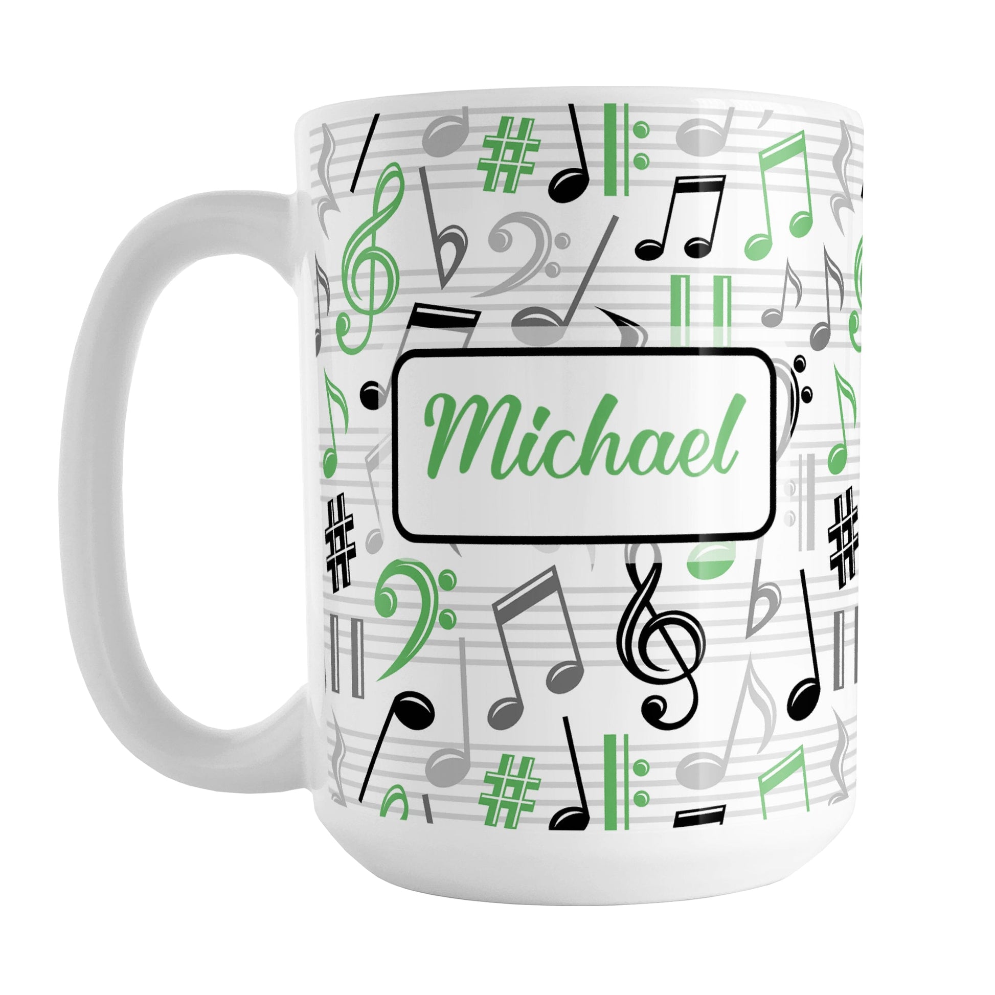 Personalized Green Music Notes Pattern Mug (15oz) at Amy's Coffee Mugs. A ceramic coffee mug designed with music notes and symbols in green, black, and gray in a pattern that wraps around the mug to the handle. Your personalized name is custom printed in a green script font on white over the music pattern design on both sides of the mug.
