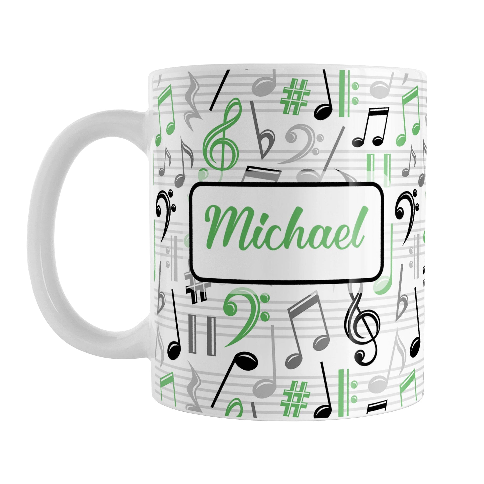 Personalized Green Music Notes Pattern Mug (11oz) at Amy's Coffee Mugs. A ceramic coffee mug designed with music notes and symbols in green, black, and gray in a pattern that wraps around the mug to the handle. Your personalized name is custom printed in a green script font on white over the music pattern design on both sides of the mug.