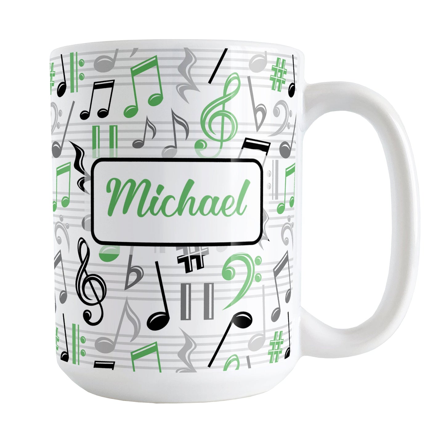 Personalized Green Music Notes Pattern Mug (15oz) at Amy's Coffee Mugs. A ceramic coffee mug designed with music notes and symbols in green, black, and gray in a pattern that wraps around the mug to the handle. Your personalized name is custom printed in a green script font on white over the music pattern design on both sides of the mug.