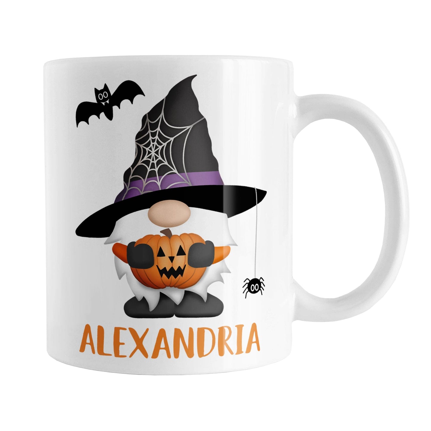 Personalized Halloween Gnome Mug (11oz) at Amy's Coffee Mugs. A ceramic coffee mug designed with a Halloween gnome wearing a black and purple wizard hat with a spider web on the side of it and holding an orange carved pumpkin. There is a spider hanging off of the hat and a black bat above the gnome. Your personalized name is custom printed in a fun orange font below the gnome illustration. This cute Halloween design is on both sides of the mug.