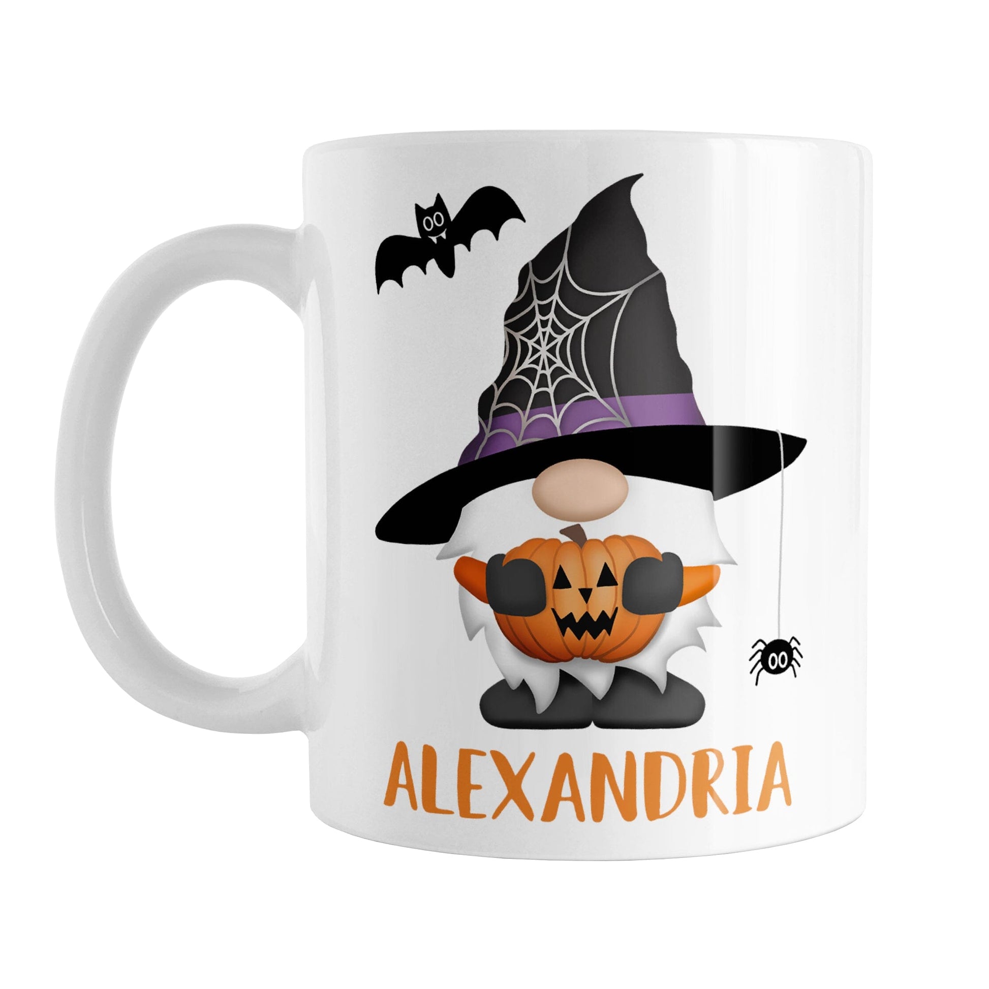 Personalized Halloween Gnome Mug (11oz) at Amy's Coffee Mugs. A ceramic coffee mug designed with a Halloween gnome wearing a black and purple wizard hat with a spider web on the side of it and holding an orange carved pumpkin. There is a spider hanging off of the hat and a black bat above the gnome. Your personalized name is custom printed in a fun orange font below the gnome illustration. This cute Halloween design is on both sides of the mug.