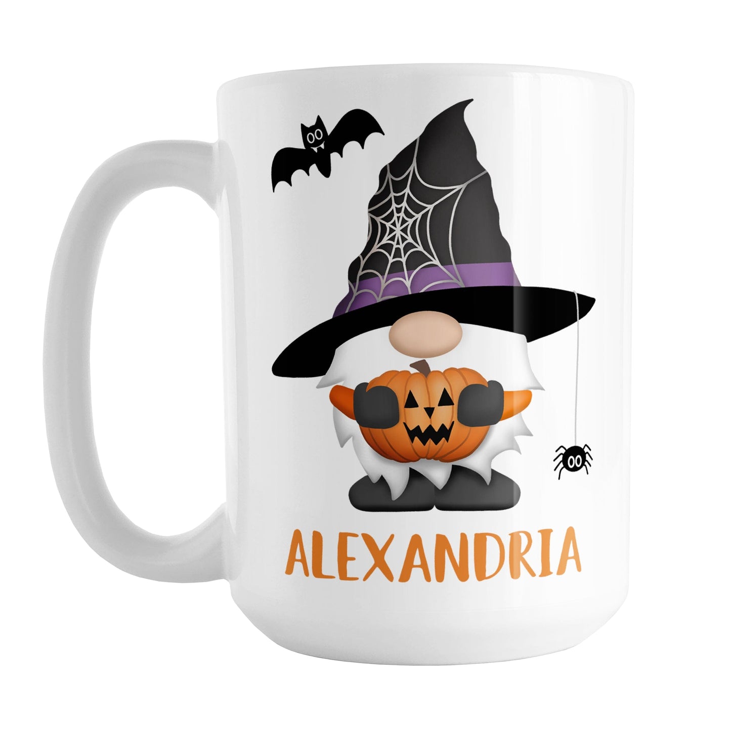 Personalized Halloween Gnome Mug (15oz) at Amy's Coffee Mugs. A ceramic coffee mug designed with a Halloween gnome wearing a black and purple wizard hat with a spider web on the side of it and holding an orange carved pumpkin. There is a spider hanging off of the hat and a black bat above the gnome. Your personalized name is custom printed in a fun orange font below the gnome illustration. This cute Halloween design is on both sides of the mug.