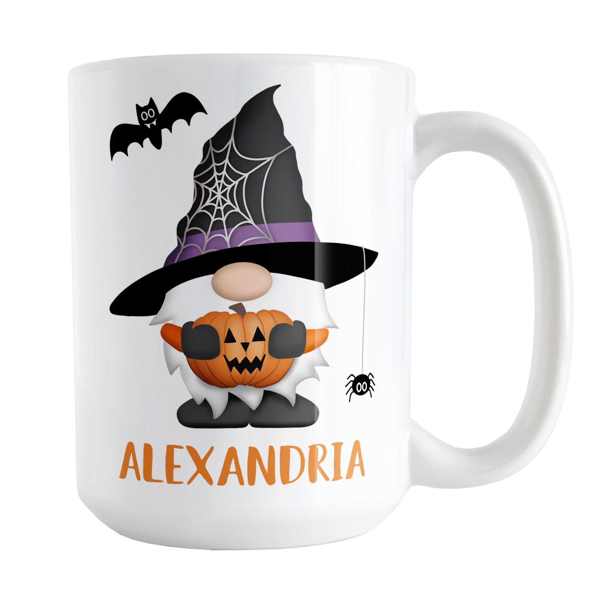 Personalized Halloween Gnome Mug (15oz) at Amy's Coffee Mugs. A ceramic coffee mug designed with a Halloween gnome wearing a black and purple wizard hat with a spider web on the side of it and holding an orange carved pumpkin. There is a spider hanging off of the hat and a black bat above the gnome. Your personalized name is custom printed in a fun orange font below the gnome illustration. This cute Halloween design is on both sides of the mug.