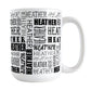 Personalized Name Collage Mug (15oz) at Amy's Coffee Mugs. A ceramic coffee mug designed with your personalized medium-length name in different fonts, running both horizontally and vertically in black, in a pattern that wraps around the mug up to the handle.