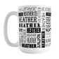 Personalized Name Collage Mug (15oz) at Amy's Coffee Mugs. A ceramic coffee mug designed with your personalized medium-length name in different fonts, running both horizontally and vertically in black, in a pattern that wraps around the mug up to the handle.
