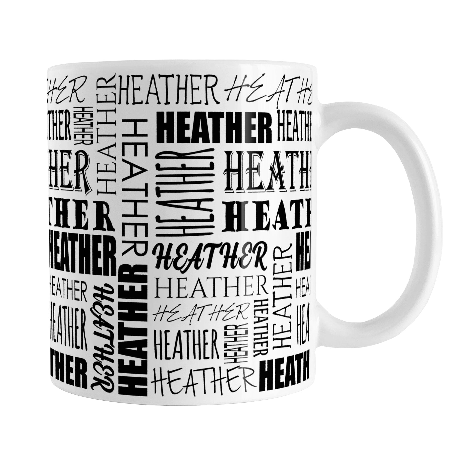 Personalized Name Collage Mug (11oz) at Amy's Coffee Mugs. A ceramic coffee mug designed with your personalized medium-length name in different fonts, running both horizontally and vertically in black, in a pattern that wraps around the mug up to the handle.