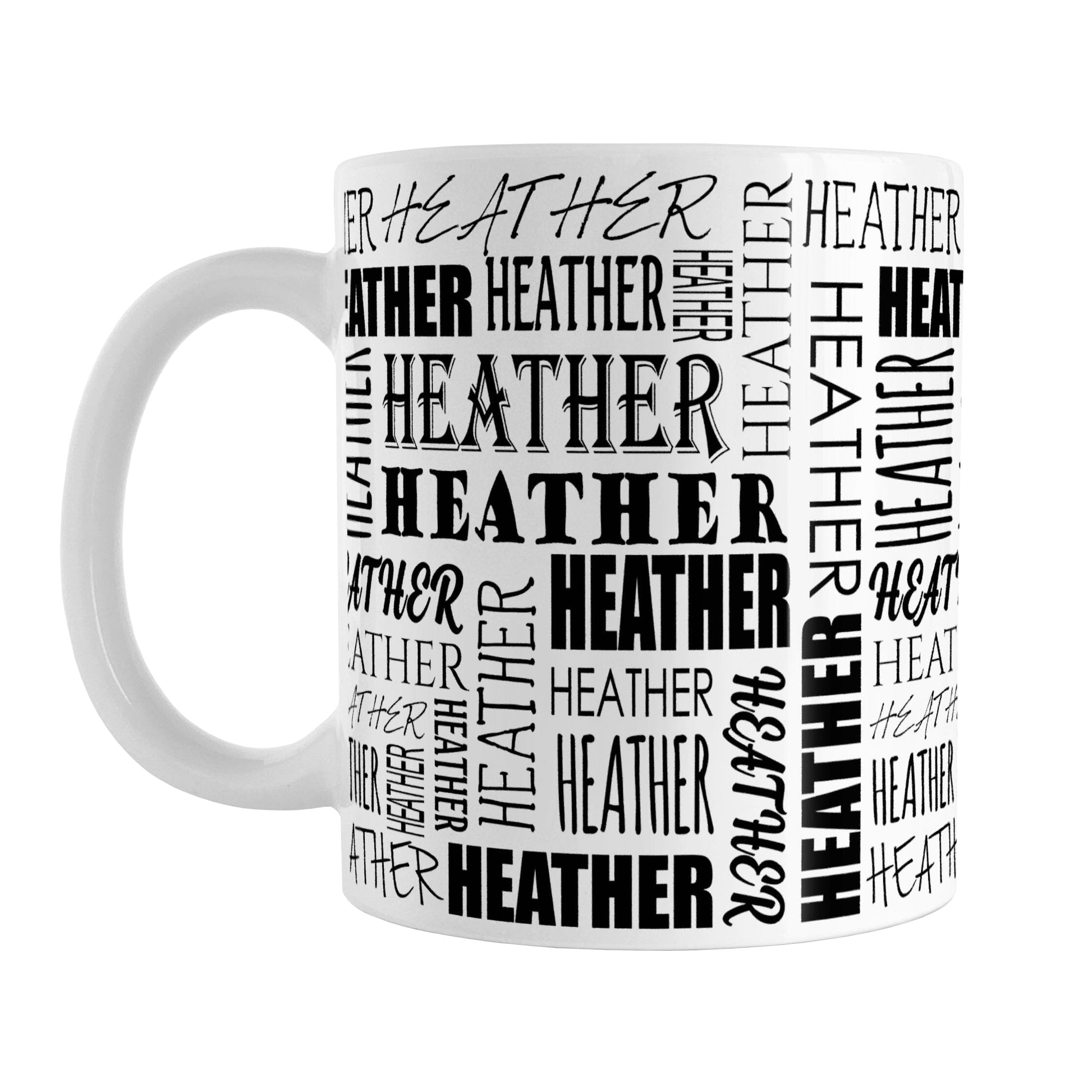 Personalized Name Collage Mug (11oz) at Amy's Coffee Mugs. A ceramic coffee mug designed with your personalized medium-length name in different fonts, running both horizontally and vertically in black, in a pattern that wraps around the mug up to the handle.