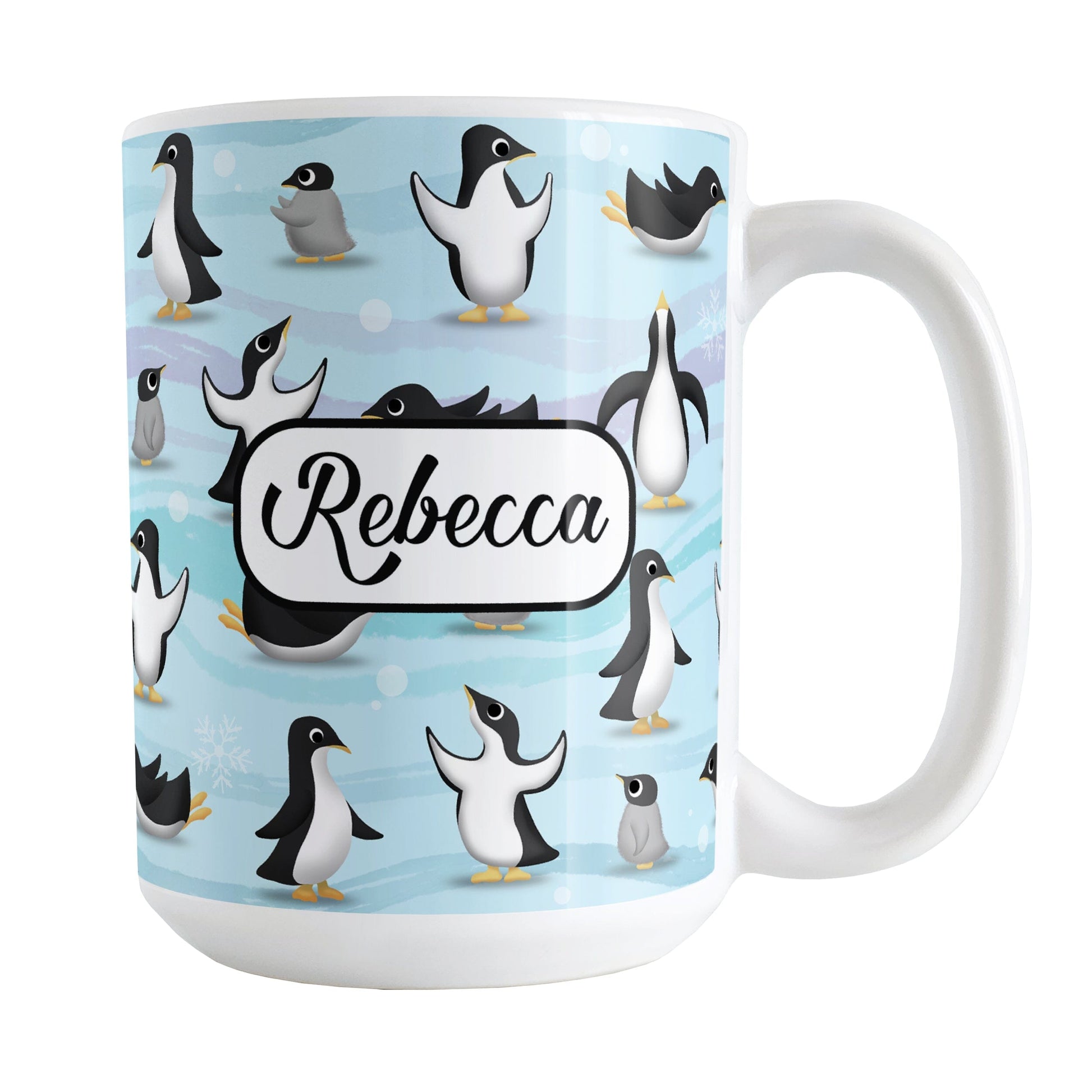 Personalized Penguin Parade Pattern Mug (15oz) at Amy's Coffee Mugs. A ceramic coffee mug designed with a fun penguin parade pattern featuring a variety of penguins and baby penguins over an Antarctic background with waves of blue, turquoise, and purple colors with hints of snowflakes that wraps around the mug. Your name is personalized in a black script font on both sides of the mug over the cute penguin pattern.
