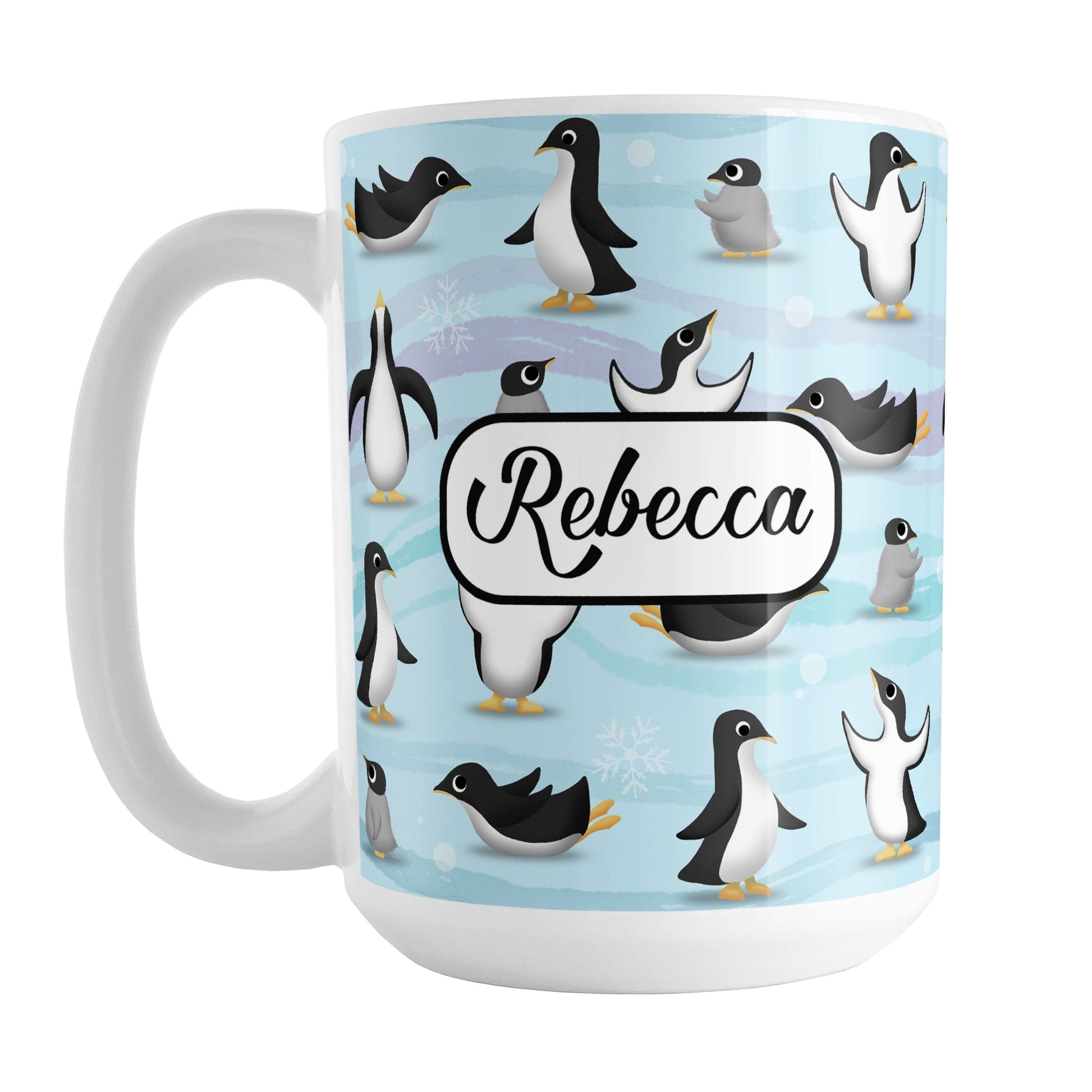 Personalized Penguin Parade Pattern Mug (15oz) at Amy's Coffee Mugs. A ceramic coffee mug designed with a fun penguin parade pattern featuring a variety of penguins and baby penguins over an Antarctic background with waves of blue, turquoise, and purple colors with hints of snowflakes that wraps around the mug. Your name is personalized in a black script font on both sides of the mug over the cute penguin pattern.