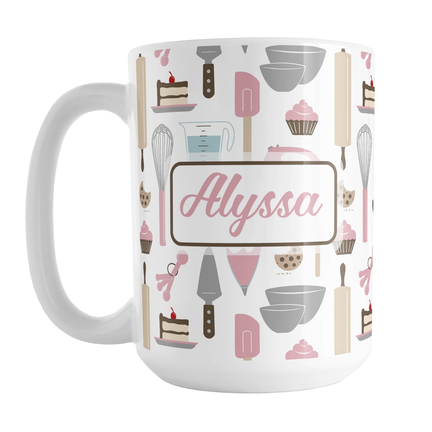 Personalized Pink Baking Pattern Mug (15oz) at Amy's Coffee Mugs. A ceramic coffee mug designed with a pattern of baking tools like spatulas, whisks, mixers, bowls, and spoons, with cookies, cupcakes, and cake all in a pink, gray, brown, and beige color scheme that wraps around the mug. Your name is printed in a pink script font on both sides of the mug over the cute baking pattern.