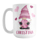 Personalized Pink Crochet Gnome Mug (15oz) at Amy's Coffee Mugs. A ceramic coffee mug designed with a cute gnome wearing a pink crochet hat while holding a ball of pink yarn and a crochet hook with pink hearts around him. Your name is printed in a fun pink font below the gnome. This adorable illustration and personalization is on both sides of the mug. 