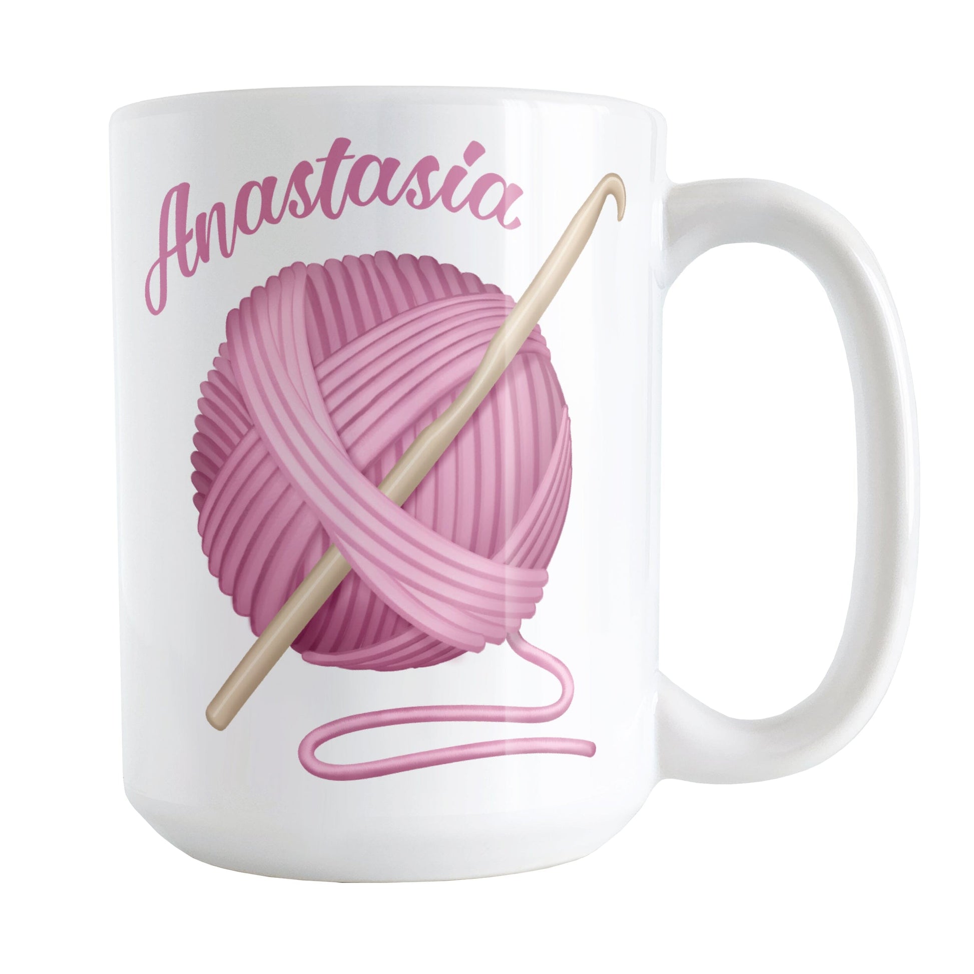Personalized Pink Crochet Yarn Mug (15oz) at Amy's Coffee Mugs. A ceramic coffee mug designed with a large ball of pink yarn with a crochet hook through it. Your personalized name is printed in a pink script font curved along the top left edge of the ball of yarn. 