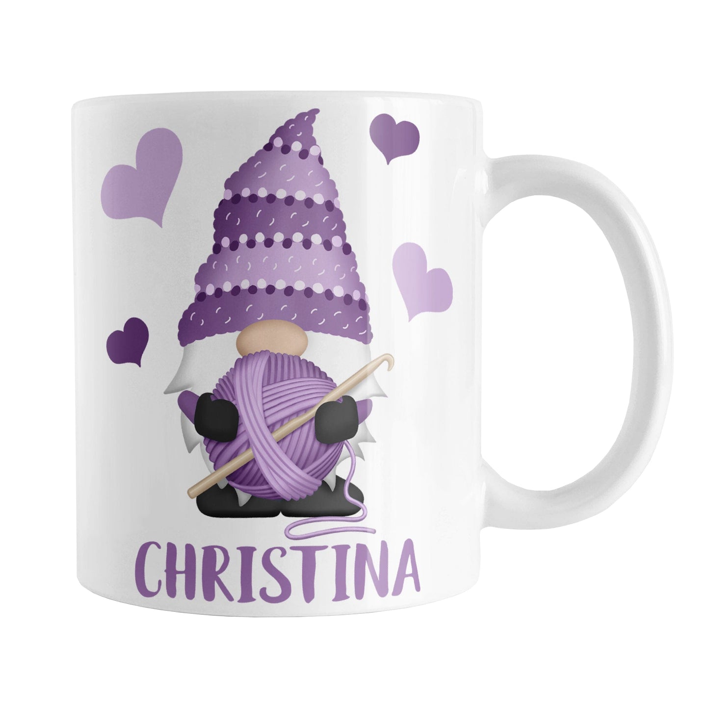 Personalized Purple Crochet Gnome Mug (11oz) at Amy's Coffee Mugs. A ceramic coffee mug designed with a cute gnome wearing a purple crochet hat while holding a ball of purple yarn and a crochet hook with purple hearts around him. Your name is printed in a fun purple font below the gnome. This adorable illustration and personalization is on both sides of the mug. 