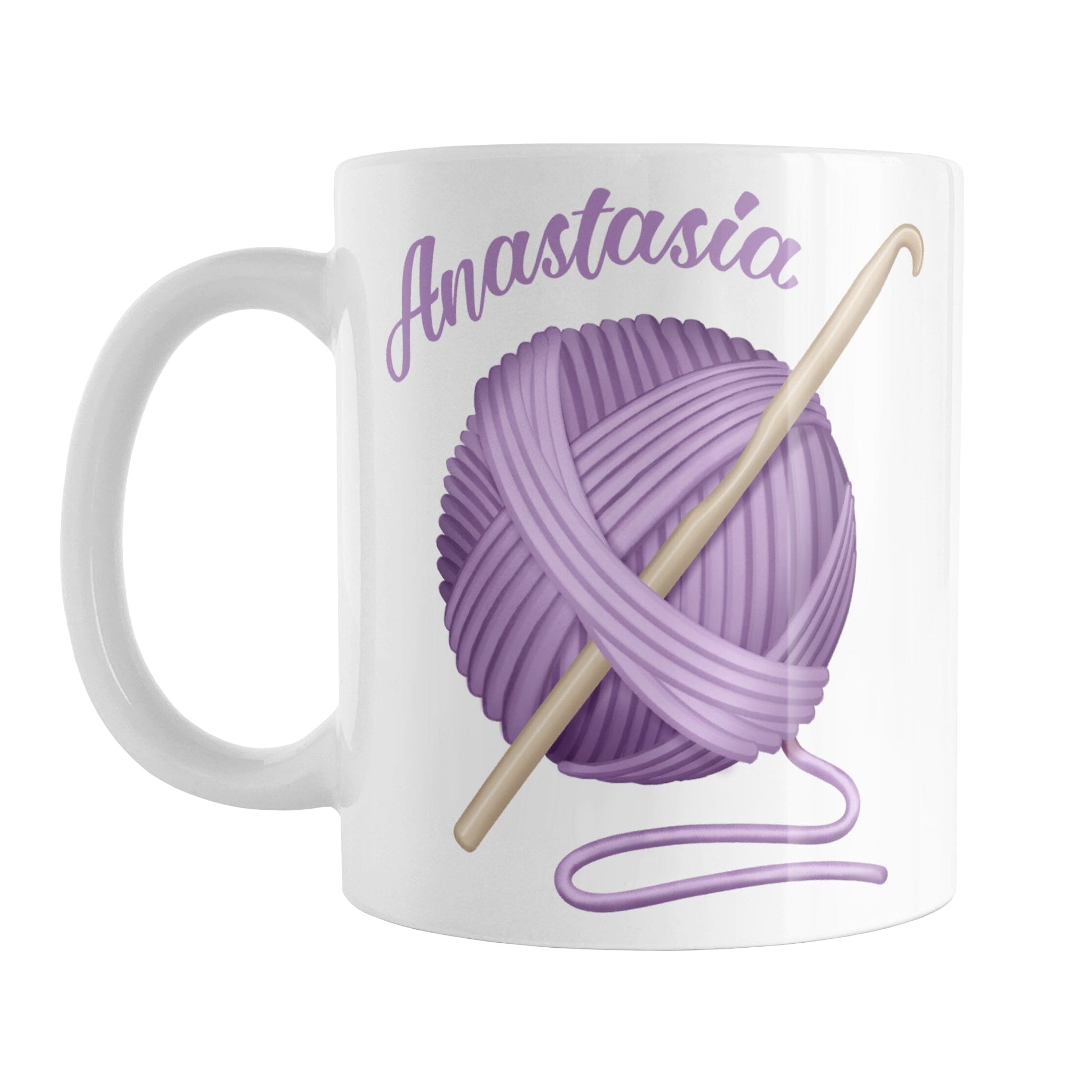 Personalized Purple Crochet Yarn Mug (11oz) at Amy's Coffee Mugs. A ceramic coffee mug designed with a large ball of purple yarn with a crochet hook through it. Your personalized name is printed in a purple script font curved along the top left edge of the ball of yarn. 