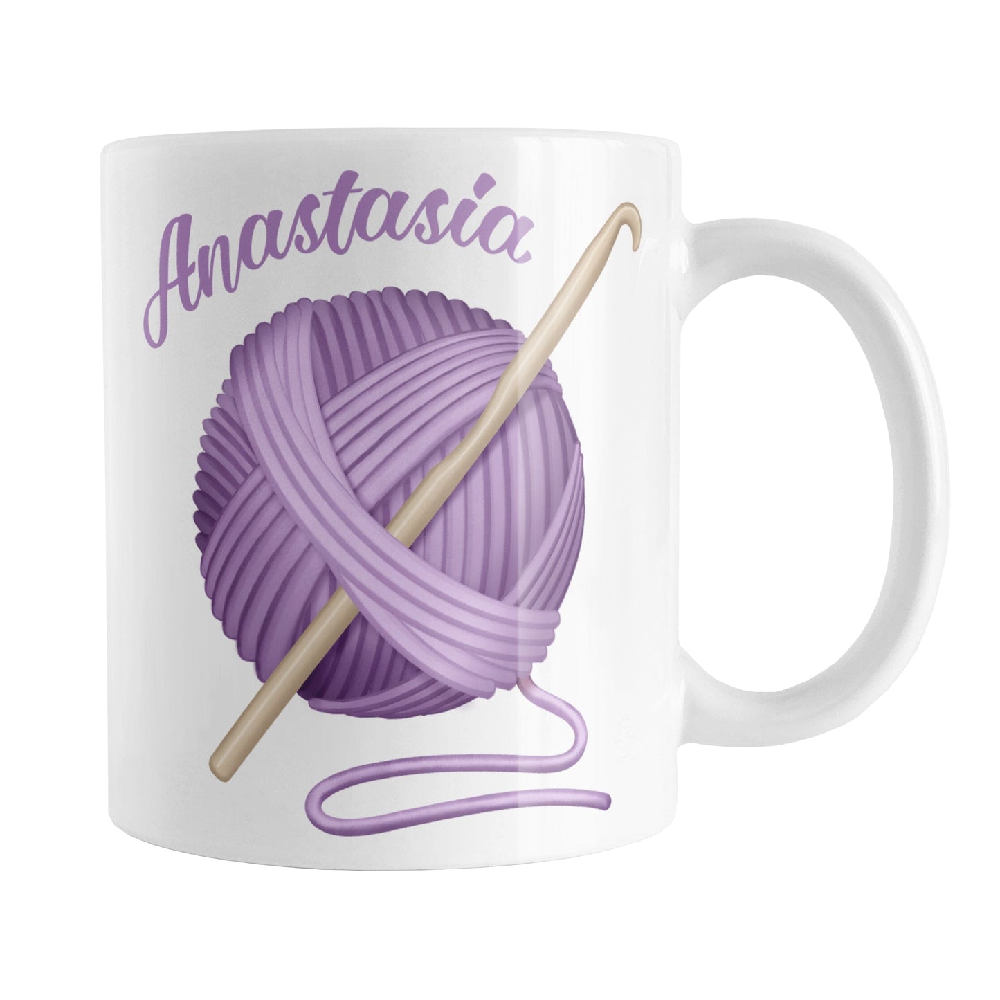 Personalized Purple Crochet Yarn Mug (11oz) at Amy's Coffee Mugs. A ceramic coffee mug designed with a large ball of purple yarn with a crochet hook through it. Your personalized name is printed in a purple script font curved along the top left edge of the ball of yarn. 
