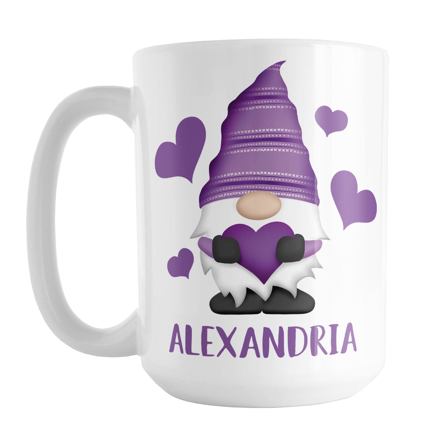 Personalized Purple Heart Gnome Mug (15oz) at Amy's Coffee Mugs. A ceramic coffee mug designed with an illustration of an adorable gnome with a purple pointed hat, holding a big purple heart, with bold purple hearts around it. Below the gnome is your personalized name custom printed in a cute purple font. This charming gnome and personalized name are printed on both sides of the mug.