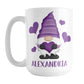 Personalized Purple Heart Gnome Mug (15oz) at Amy's Coffee Mugs. A ceramic coffee mug designed with an illustration of an adorable gnome with a purple pointed hat, holding a big purple heart, with bold purple hearts around it. Below the gnome is your personalized name custom printed in a cute purple font. This charming gnome and personalized name are printed on both sides of the mug.
