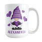 Personalized Purple Heart Gnome Mug (15oz) at Amy's Coffee Mugs. A ceramic coffee mug designed with an illustration of an adorable gnome with a purple pointed hat, holding a big purple heart, with bold purple hearts around it. Below the gnome is your personalized name custom printed in a cute purple font. This charming gnome and personalized name are printed on both sides of the mug.