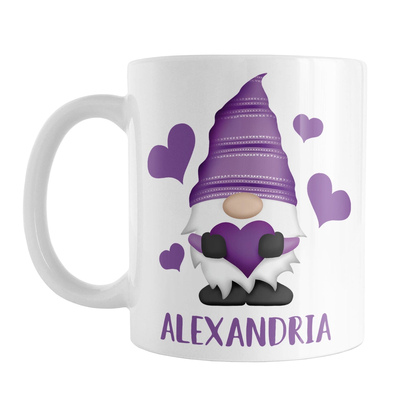 Personalized Purple Heart Gnome Mug (11oz) at Amy's Coffee Mugs. A ceramic coffee mug designed with an illustration of an adorable gnome with a purple pointed hat, holding a big purple heart, with bold purple hearts around it. Below the gnome is your personalized name custom printed in a cute purple font. This charming gnome and personalized name are printed on both sides of the mug.
