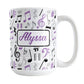 Personalized Purple Music Notes Pattern Mug (15oz) at Amy's Coffee Mugs. A ceramic coffee mug designed with music notes and symbols in purple, black, and gray in a pattern that wraps around the mug to the handle. Your personalized name is custom printed in a purple script font on white over the music pattern design on both sides of the mug. 