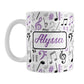 Personalized Purple Music Notes Pattern Mug (11oz) at Amy's Coffee Mugs. A ceramic coffee mug designed with music notes and symbols in purple, black, and gray in a pattern that wraps around the mug to the handle. Your personalized name is custom printed in a purple script font on white over the music pattern design on both sides of the mug. 