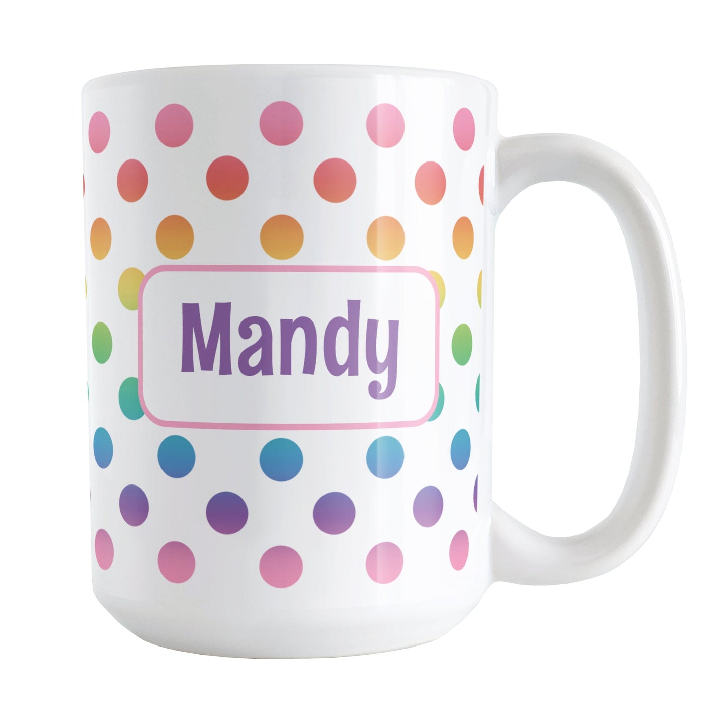 Personalized Rainbow Polka Dots Mug (15oz) at Amy's Coffee Mugs. A ceramic coffee mug designed with a pattern of polka dots in a vertical rainbow gradient progression over white that wraps around the mug. Your personalized name is custom printed in a purple font in a white frame design on both sides over the rainbow polka dots.