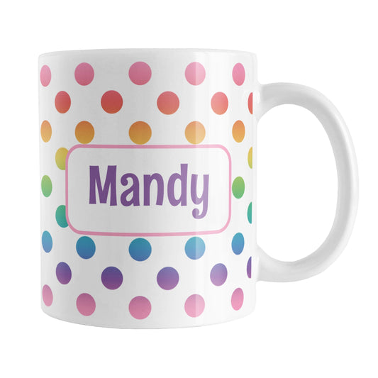 Personalized Rainbow Polka Dots Mug (11oz) at Amy's Coffee Mugs. A ceramic coffee mug designed with a pattern of polka dots in a vertical rainbow gradient progression over white that wraps around the mug. Your personalized name is custom printed in a purple font in a white frame design on both sides over the rainbow polka dots.