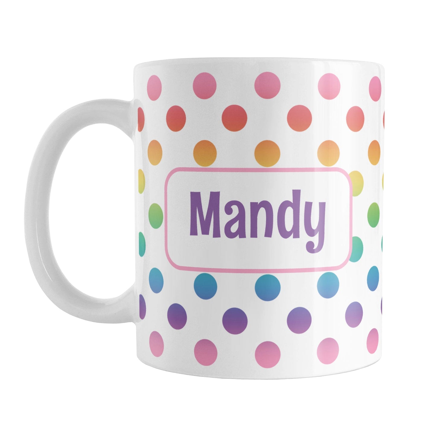 Personalized Rainbow Polka Dots Mug (11oz) at Amy's Coffee Mugs. A ceramic coffee mug designed with a pattern of polka dots in a vertical rainbow gradient progression over white that wraps around the mug. Your personalized name is custom printed in a purple font in a white frame design on both sides over the rainbow polka dots.