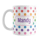 Personalized Rainbow Polka Dots Mug (11oz) at Amy's Coffee Mugs. A ceramic coffee mug designed with a pattern of polka dots in a vertical rainbow gradient progression over white that wraps around the mug. Your personalized name is custom printed in a purple font in a white frame design on both sides over the rainbow polka dots.