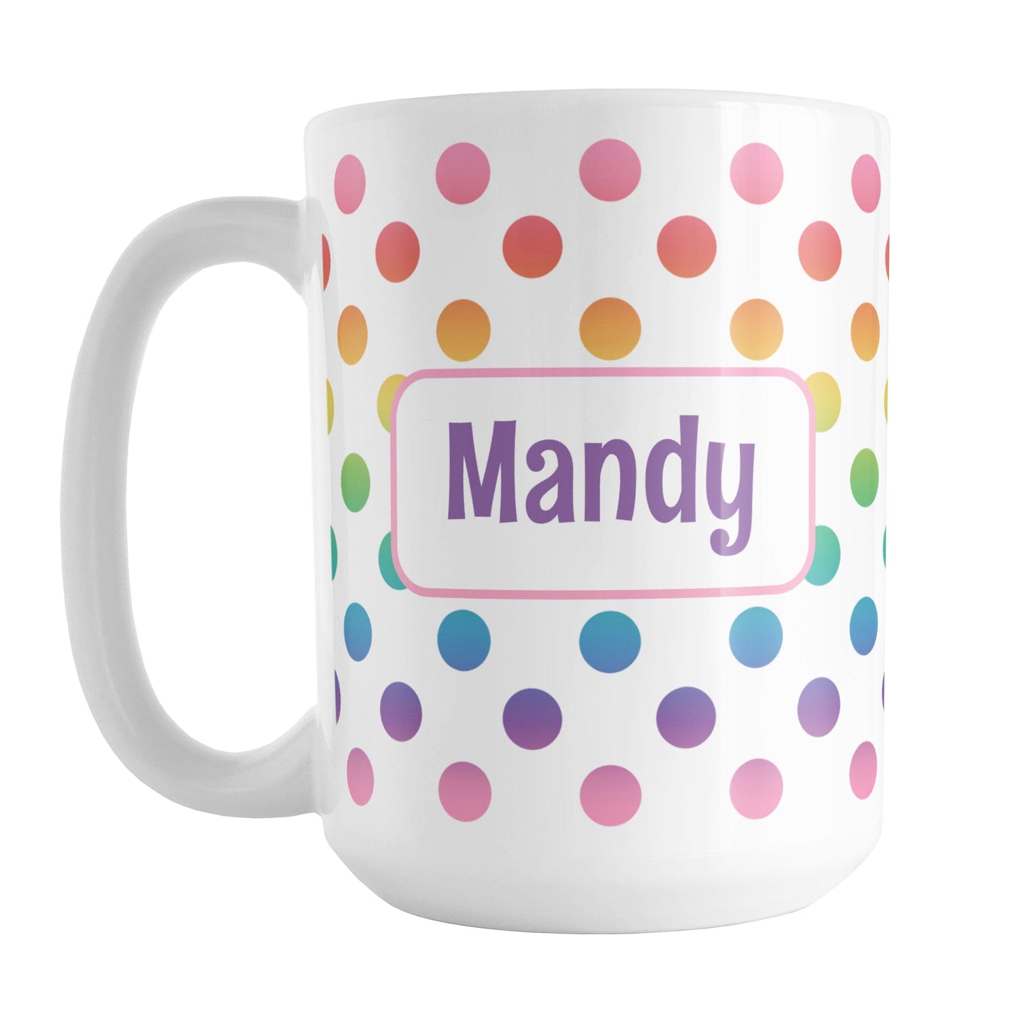 Personalized Rainbow Polka Dots Mug (15oz) at Amy's Coffee Mugs. A ceramic coffee mug designed with a pattern of polka dots in a vertical rainbow gradient progression over white that wraps around the mug. Your personalized name is custom printed in a purple font in a white frame design on both sides over the rainbow polka dots.