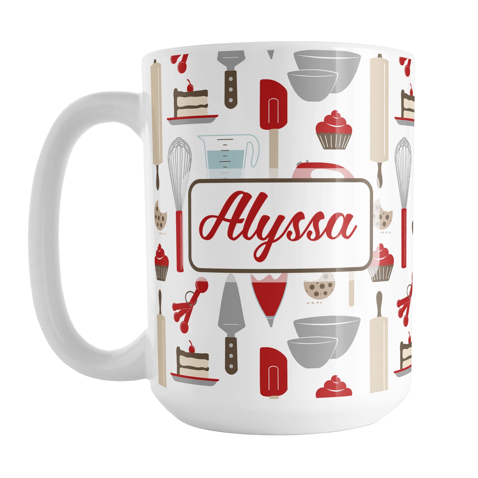 Personalized Red Baking Pattern Mug (15oz) at Amy's Coffee Mugs. A ceramic coffee mug designed with a pattern of baking tools like spatulas, whisks, mixers, bowls, and spoons, with cookies, cupcakes, and cake all in a red, gray, brown, and beige color scheme that wraps around the mug.  Your name is printed in a red script font on both sides of the mug over the baking pattern. 