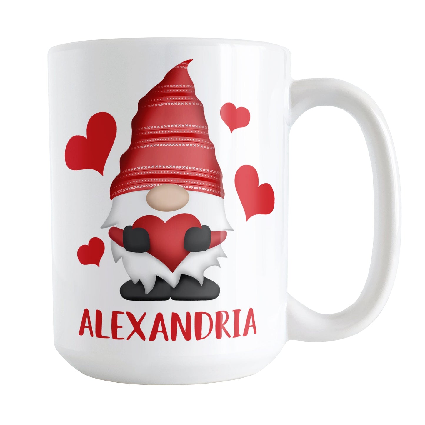 Personalized Red Heart Gnome Mug (15oz) at Amy's Coffee Mugs. A ceramic coffee mug designed with an illustration of an adorable gnome with a red pointed hat, holding a big red heart, with bold red hearts around it. Below the gnome is your personalized name custom printed in a cute red font. This charming gnome and personalized name are printed on both sides of the mug.
