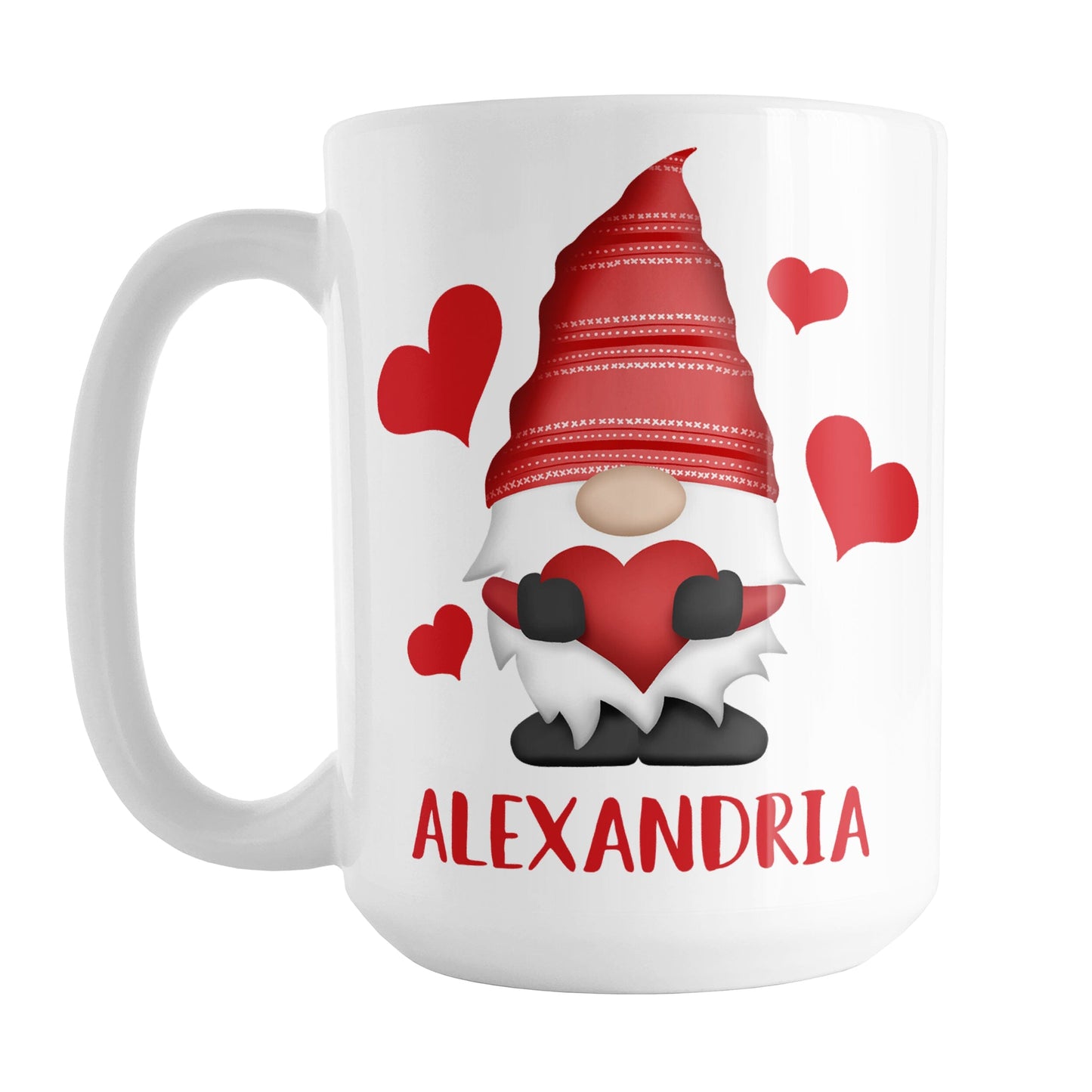 Personalized Red Heart Gnome Mug (15oz) at Amy's Coffee Mugs. A ceramic coffee mug designed with an illustration of an adorable gnome with a red pointed hat, holding a big red heart, with bold red hearts around it. Below the gnome is your personalized name custom printed in a cute red font. This charming gnome and personalized name are printed on both sides of the mug.