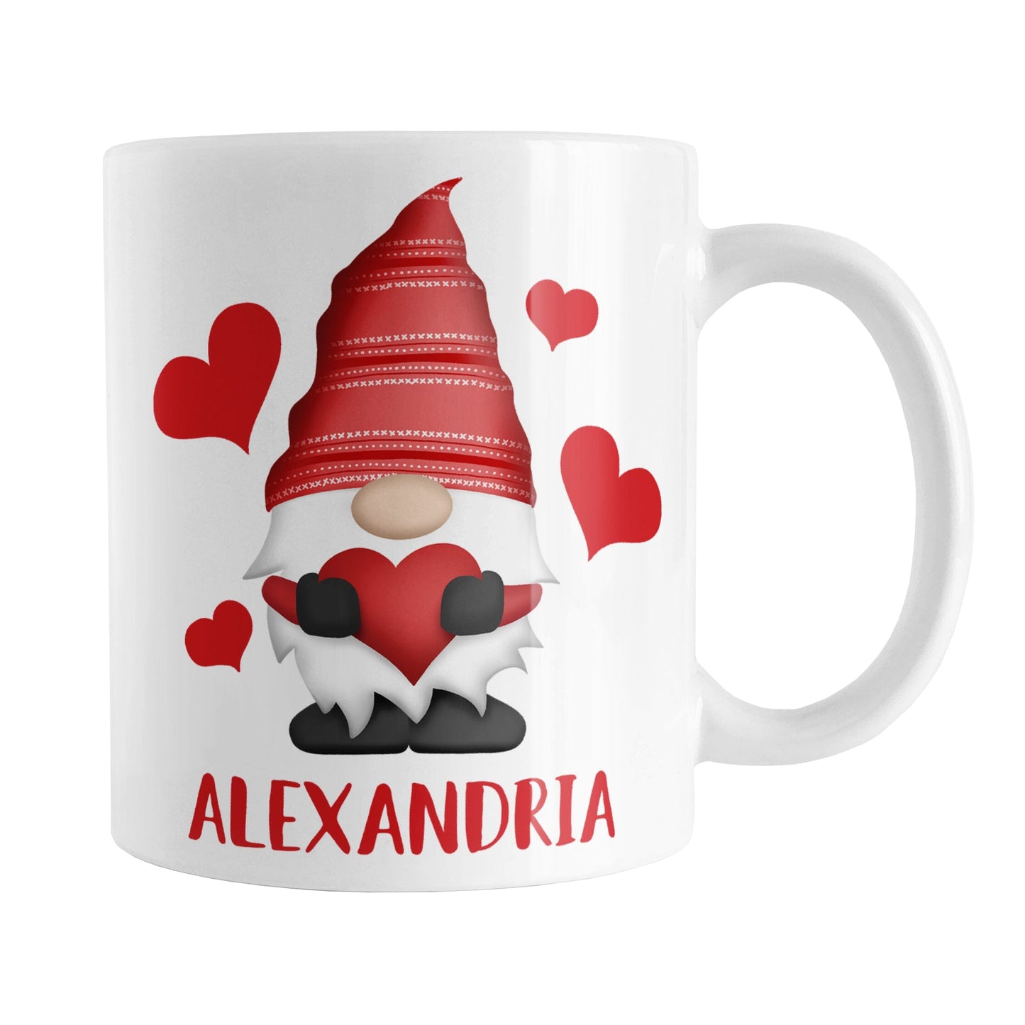 Personalized Red Heart Gnome Mug (11oz) at Amy's Coffee Mugs. A ceramic coffee mug designed with an illustration of an adorable gnome with a red pointed hat, holding a big red heart, with bold red hearts around it. Below the gnome is your personalized name custom printed in a cute red font. This charming gnome and personalized name are printed on both sides of the mug.