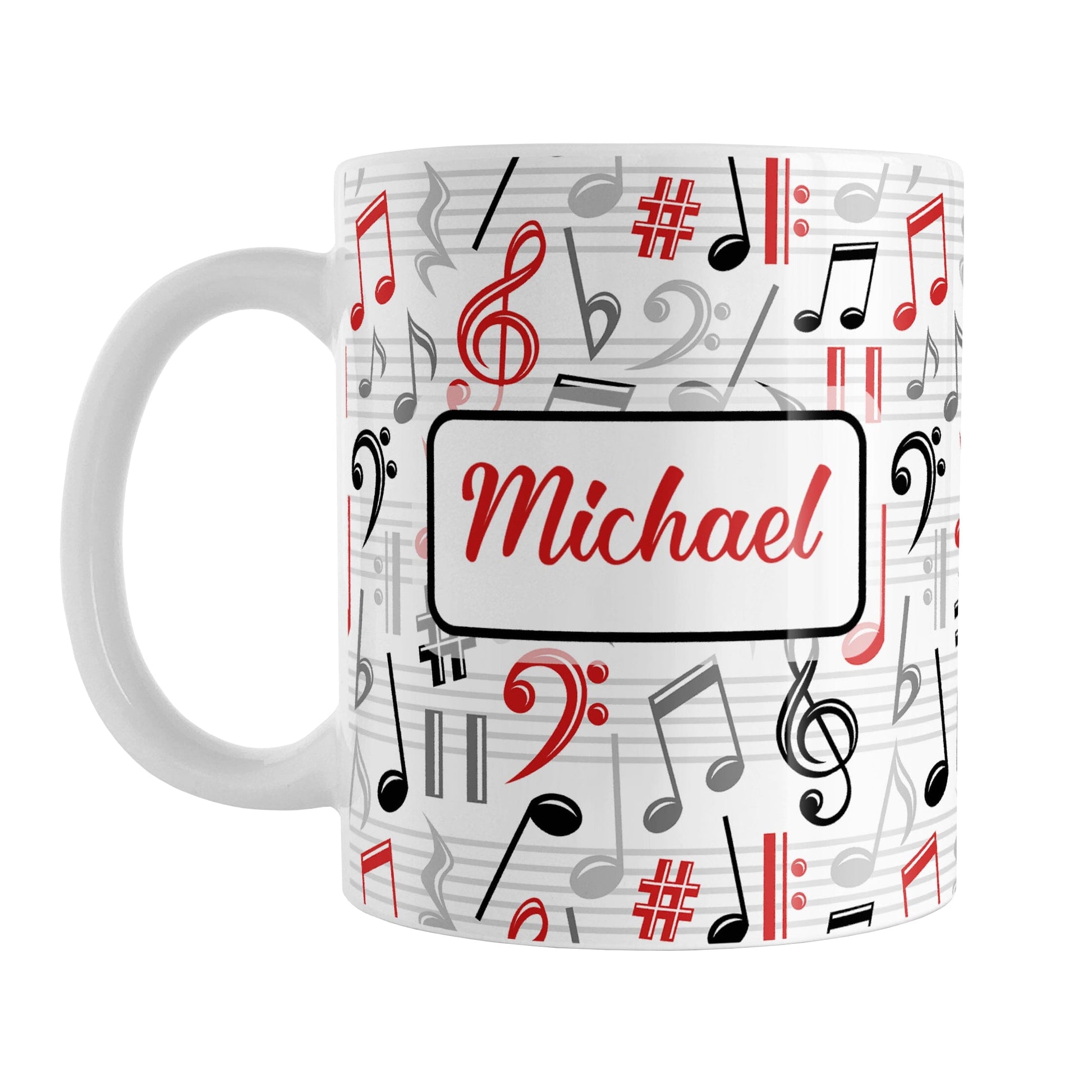 Personalized Red Music Notes Pattern Mug (11oz) at Amy's Coffee Mugs. A ceramic coffee mug designed with music notes and symbols in red, black, and gray in a pattern that wraps around the mug to the handle. Your personalized name is custom printed in a red script font on white over the music pattern design on both sides of the mug. 