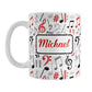 Personalized Red Music Notes Pattern Mug (11oz) at Amy's Coffee Mugs. A ceramic coffee mug designed with music notes and symbols in red, black, and gray in a pattern that wraps around the mug to the handle. Your personalized name is custom printed in a red script font on white over the music pattern design on both sides of the mug. 