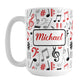 Personalized Red Music Notes Pattern Mug (15oz) at Amy's Coffee Mugs. A ceramic coffee mug designed with music notes and symbols in red, black, and gray in a pattern that wraps around the mug to the handle. Your personalized name is custom printed in a red script font on white over the music pattern design on both sides of the mug. 