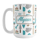 Personalized Turquoise Baking Pattern Mug (15oz) at Amy's Coffee Mugs. A ceramic coffee mug designed with a pattern of baking tools like spatulas, whisks, mixers, bowls, and spoons, with cookies, cupcakes, and cake all in a turquoise, gray, brown, and beige color scheme that wraps around the mug. Your name is printed in a turquoise script font on both sides of the mug over the baking pattern. 