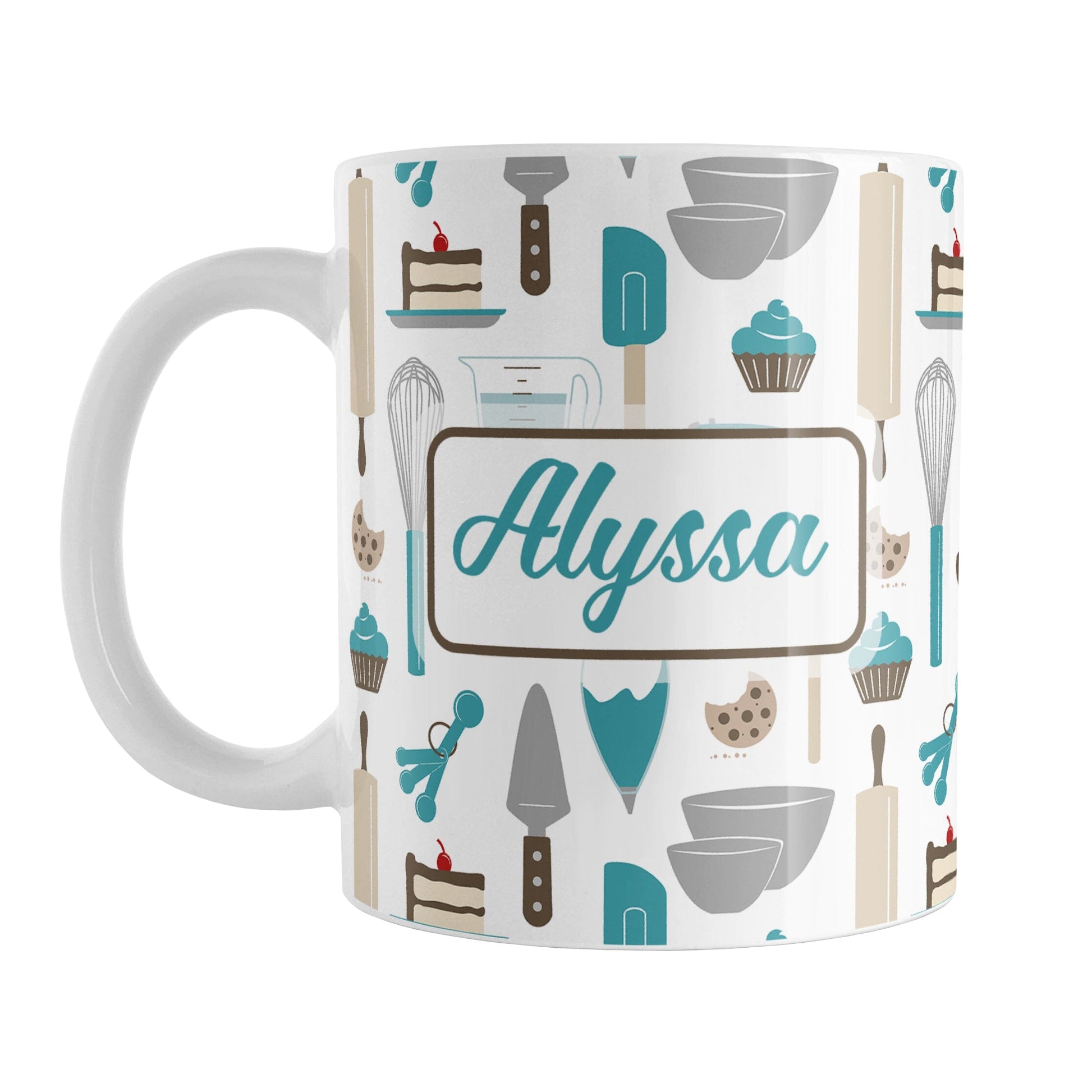 Personalized Turquoise Baking Pattern Mug (11oz) at Amy's Coffee Mugs. A ceramic coffee mug designed with a pattern of baking tools like spatulas, whisks, mixers, bowls, and spoons, with cookies, cupcakes, and cake all in a turquoise, gray, brown, and beige color scheme that wraps around the mug. Your name is printed in a turquoise script font on both sides of the mug over the baking pattern. 