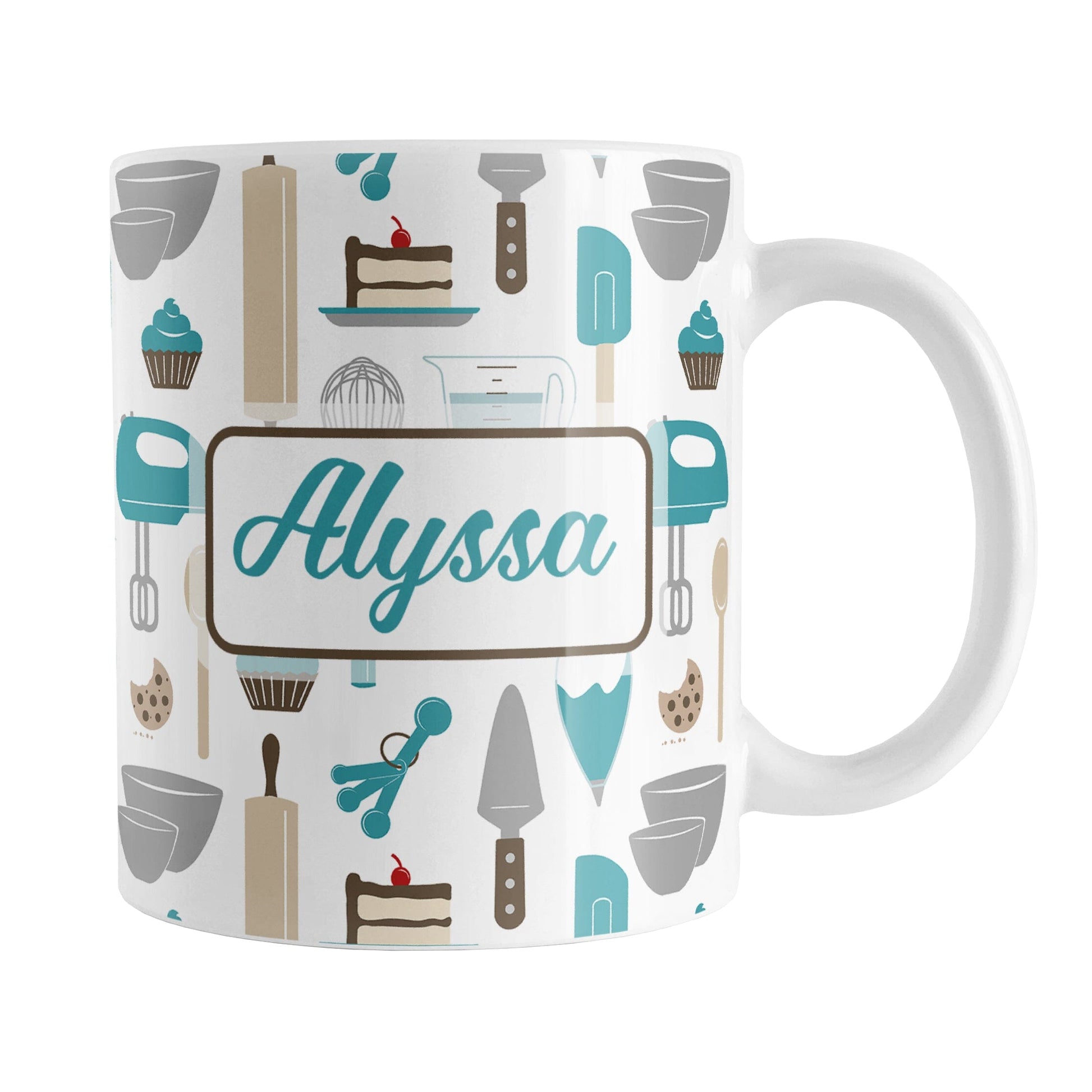 Personalized Turquoise Baking Pattern Mug (11oz) at Amy's Coffee Mugs. A ceramic coffee mug designed with a pattern of baking tools like spatulas, whisks, mixers, bowls, and spoons, with cookies, cupcakes, and cake all in a turquoise, gray, brown, and beige color scheme that wraps around the mug. Your name is printed in a turquoise script font on both sides of the mug over the baking pattern. 