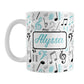 Personalized Turquoise Music Notes Pattern Mug (11oz) at Amy's Coffee Mugs. A ceramic coffee mug designed with music notes and symbols in turquoise, black, and gray in a pattern that wraps around the mug to the handle. Your personalized name is custom printed in a turquoise script font on white over the music pattern design on both sides of the mug. 