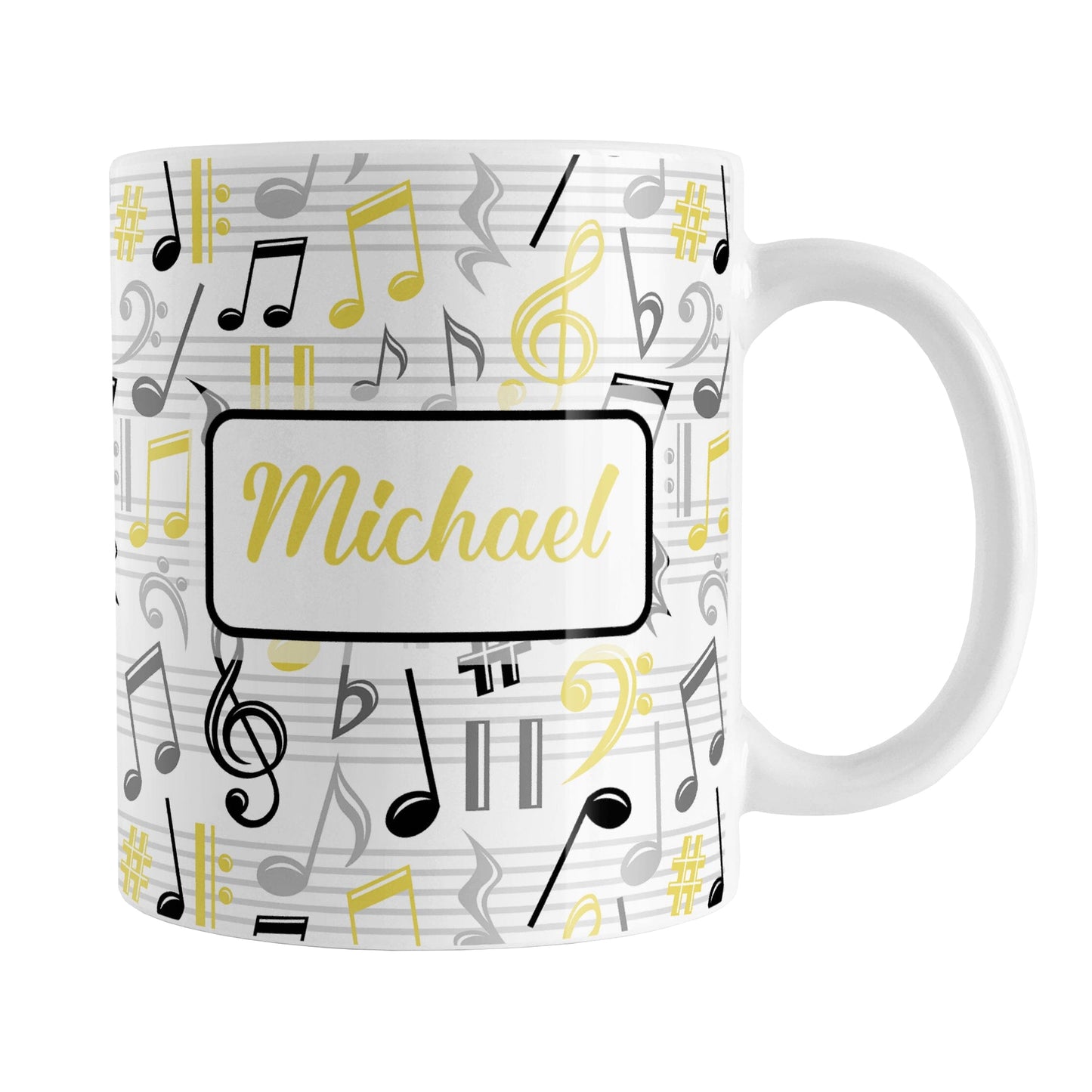 Personalized Yellow Music Notes Pattern Mug (11oz) at Amy's Coffee Mugs. A ceramic coffee mug designed with music notes and symbols in yellow, black, and gray in a pattern that wraps around the mug to the handle. Your personalized name is custom printed in a yellow script font on white over the music pattern design on both sides of the mug.