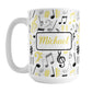 Personalized Yellow Music Notes Pattern Mug (15oz) at Amy's Coffee Mugs. A ceramic coffee mug designed with music notes and symbols in yellow, black, and gray in a pattern that wraps around the mug to the handle. Your personalized name is custom printed in a yellow script font on white over the music pattern design on both sides of the mug.